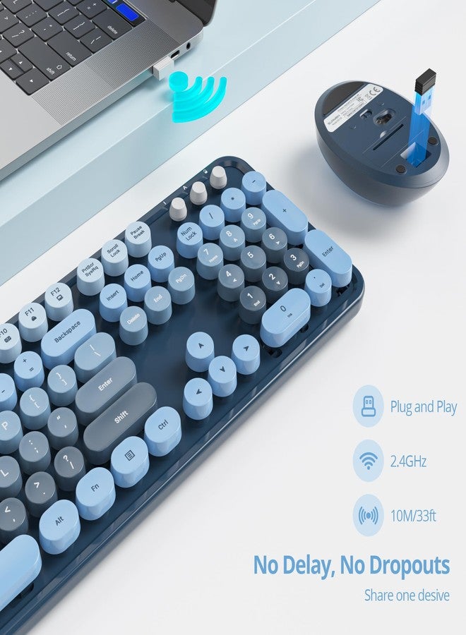 Owpkeenthy لوحة مفاتيح وماوس لاسلكيان بتصميم كلاسيكي من Owpkeenthy، لوحة مفاتيح ملونة لطيفة بتصميم آلة كاتبة كلاسيكية كاملة الحجم مع لوحة أرقام ومفاتيح دائرية لأجهزة الكمبيوتر المكتبية والمحمولة (أزرق متدرج) - Image 2