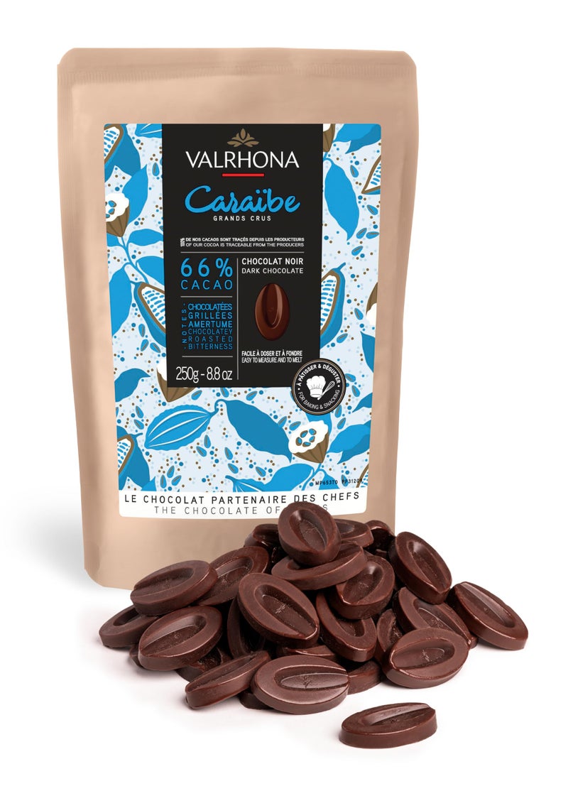 VALRHONA أقراص الشوكولاتة الداكنة الفرنسية شبه الحلوة من فالرهونا للخبز فيفيس بريميوم كارابي 66 كاكاو غراند كرو بليند أفضل من رقائق الشوكولاتة مثالية للبسكويت والكعك والموس والثلج والشوكولاتة الساخنة - Image 2