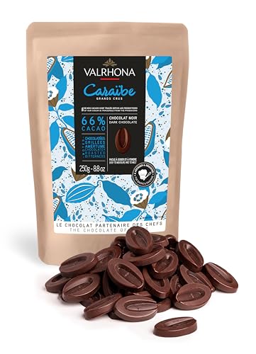 VALRHONA أقراص الشوكولاتة الداكنة الفرنسية شبه الحلوة من فالرهونا للخبز فيفيس بريميوم كارابي 66 كاكاو غراند كرو بليند أفضل من رقائق الشوكولاتة مثالية للبسكويت والكعك والموس والثلج والشوكولاتة الساخنة - Image 1