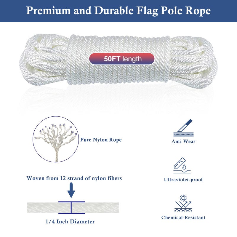 NQ Flagpole Hardware Repair Parts Kit,50 Feet Halyard Rope+3" Silver Ball+6" Zinc Alloy Cleat+4 Metal Swivel Snap Clips+Aluminum Alloy Flagpole Truck with Nylon Pulley for 1.6"-2" Flag Poles - Image 5