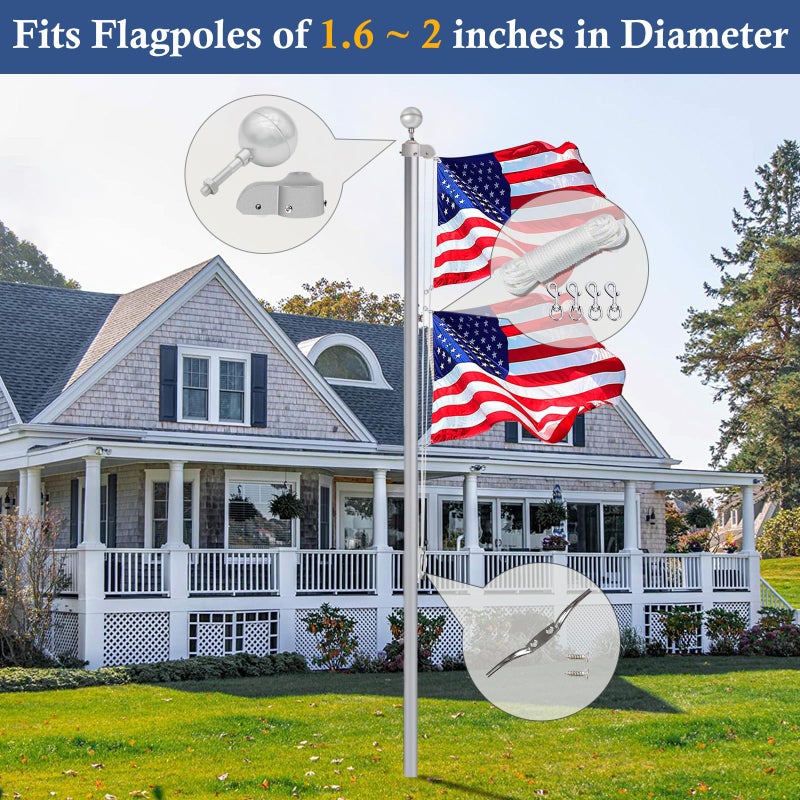 NQ Flagpole Hardware Repair Parts Kit,50 Feet Halyard Rope+3" Silver Ball+6" Zinc Alloy Cleat+4 Metal Swivel Snap Clips+Aluminum Alloy Flagpole Truck with Nylon Pulley for 1.6"-2" Flag Poles - Image 2