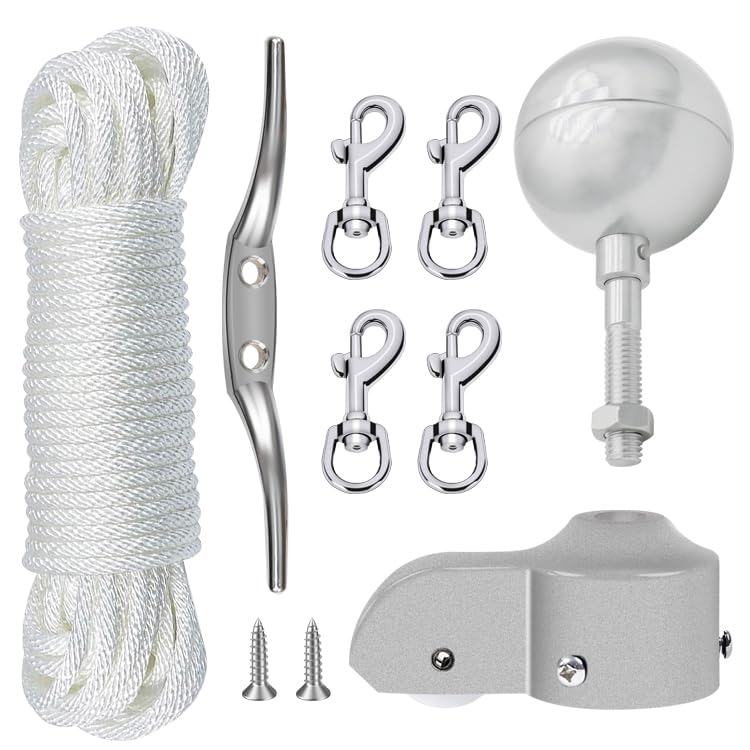 NQ Flagpole Hardware Repair Parts Kit,50 Feet Halyard Rope+3" Silver Ball+6" Zinc Alloy Cleat+4 Metal Swivel Snap Clips+Aluminum Alloy Flagpole Truck with Nylon Pulley for 1.6"-2" Flag Poles - Image 1