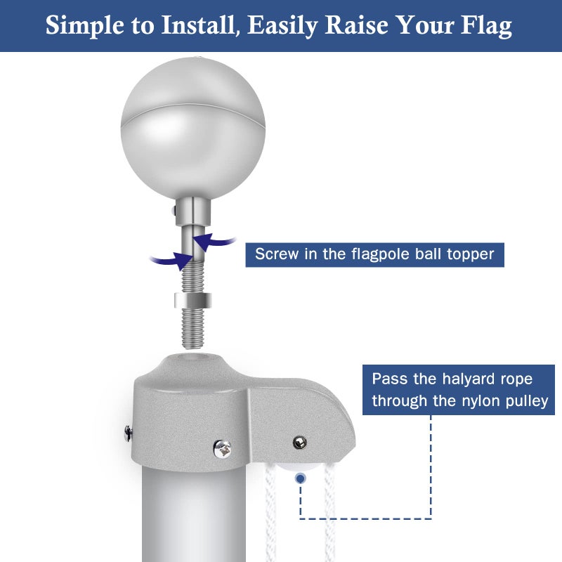 NQ Flagpole Hardware Repair Parts Kit,50 Feet Halyard Rope+3" Silver Ball+6" Zinc Alloy Cleat+4 Metal Swivel Snap Clips+Aluminum Alloy Flagpole Truck with Nylon Pulley for 1.6"-2" Flag Poles - Image 4