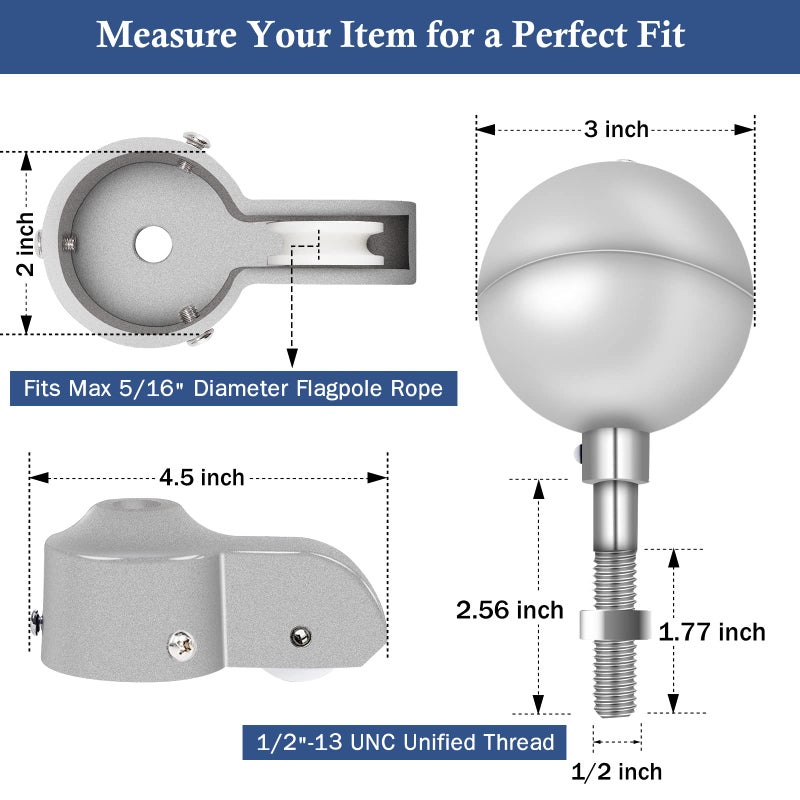 NQ Flagpole Hardware Repair Parts Kit,50 Feet Halyard Rope+3" Silver Ball+6" Zinc Alloy Cleat+4 Metal Swivel Snap Clips+Aluminum Alloy Flagpole Truck with Nylon Pulley for 1.6"-2" Flag Poles - Image 3