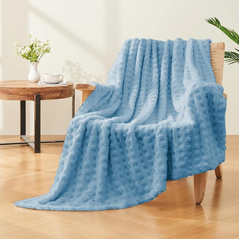 Wajade Fleece Throw Blanket, Fluffy Faux Fur Blanket for Bed Sofa Couch, Soft Warm Thick Blanket,waffle Light Blue-178X203 - Image 3