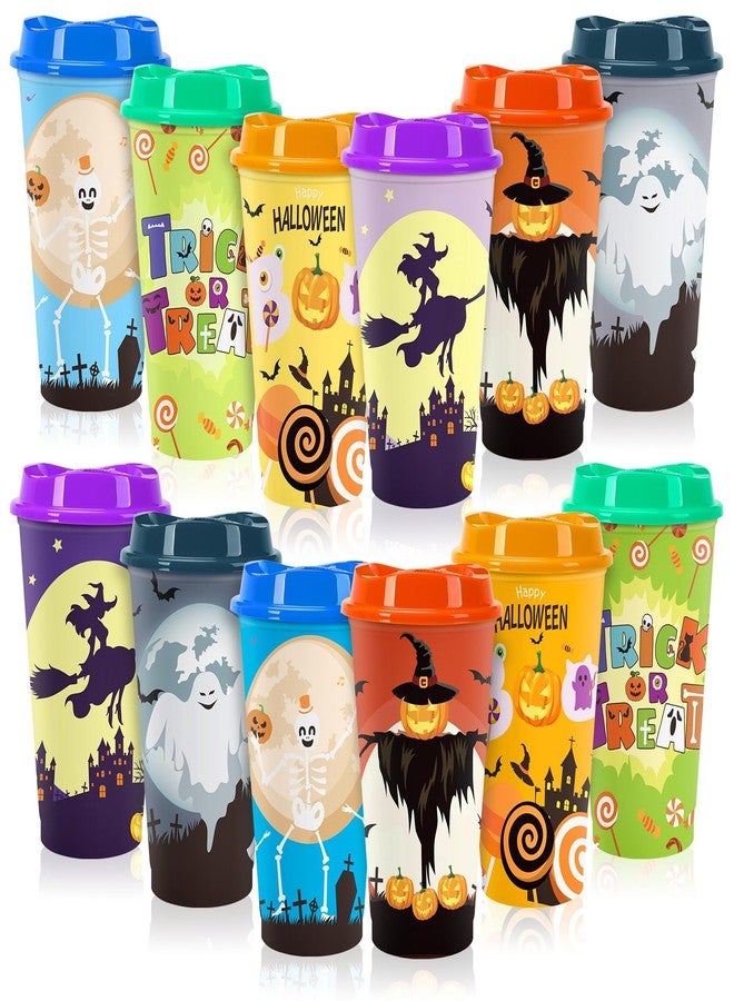 Jansun 12pcs Halloween Color Changing Cups, 16Oz Reusable Plastic Coffee Cups with Lids for Party Decorations Halloween Cups for Party Favors Supplies - Image 1