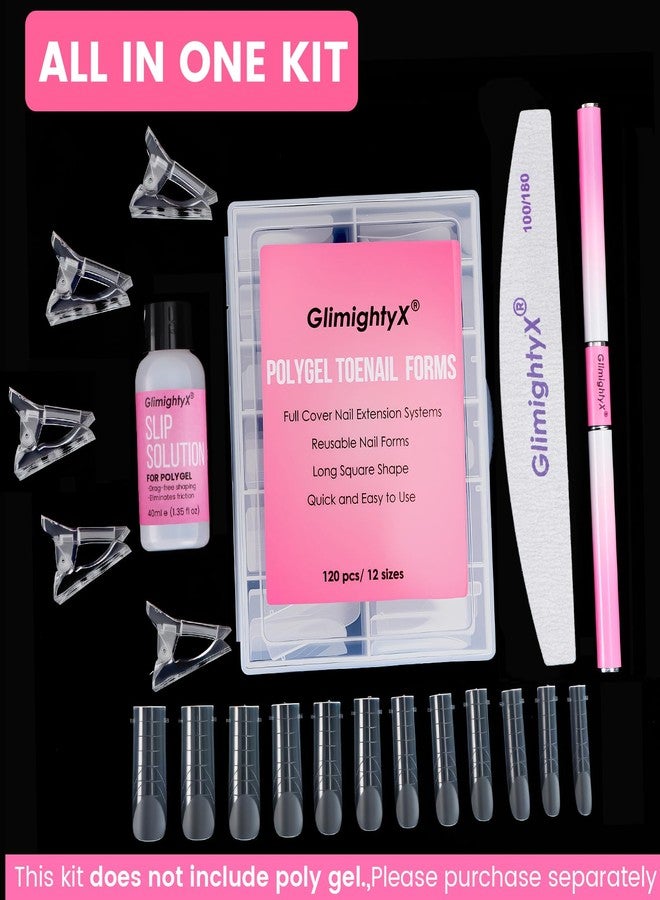 GlimightyX Polygel Nail Forms Kit for Toes,GlimightyX Reusable Toenails Dual Forms for Polygel with 1.35oz Nail Slip Solution Anti-Stick,with Dual-Ended Brush,Nail File and Nail Clips,12 Sizes 120Pcs - Image 3