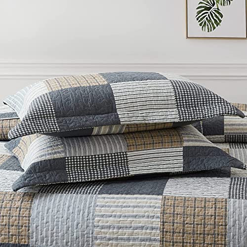 PANGUSHAN Twin Size Quilt Set, 100% Cotton Patchwork Plaid Quilt Bedding Set, Reversible Lightweight Comforter, 2 Pieces in Gray, Black, Tan, White, Cream - Image 4