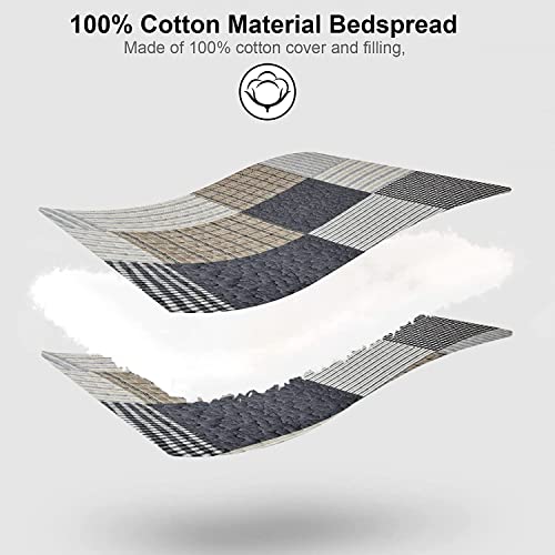 PANGUSHAN Twin Size Quilt Set, 100% Cotton Patchwork Plaid Quilt Bedding Set, Reversible Lightweight Comforter, 2 Pieces in Gray, Black, Tan, White, Cream - Image 5