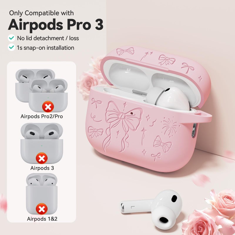 Joremx for Airpods Pro 3 Case Cover, Joremx Cute Bow Engraved Silicone Protective Case Cover with Keychain, Cleaner Kit for Airpods Pro 3rd Generation (2025) (Sakura Pink) - Image 5
