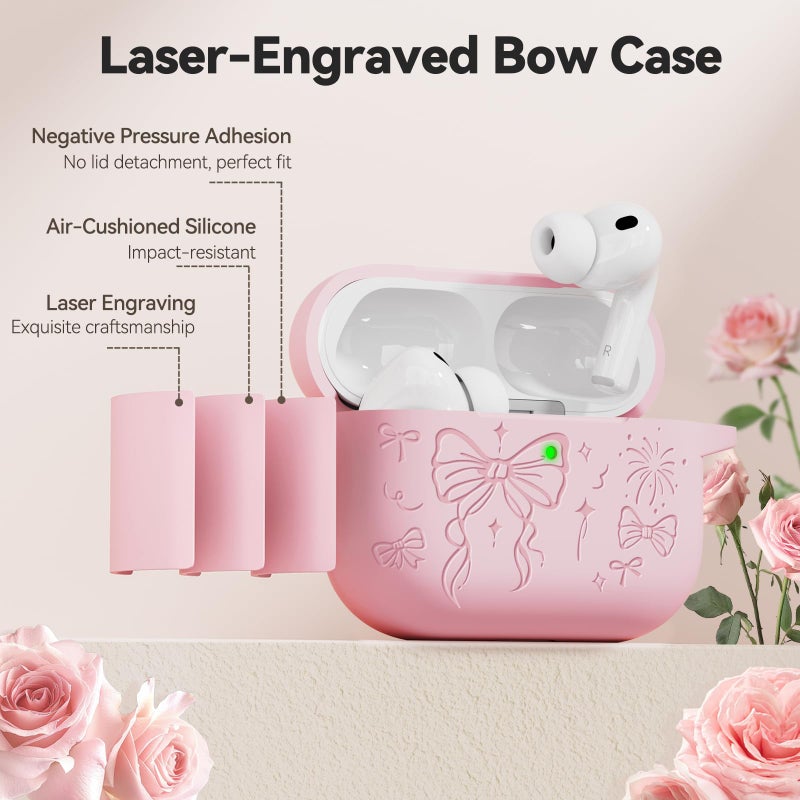 Joremx for Airpods Pro 3 Case Cover, Joremx Cute Bow Engraved Silicone Protective Case Cover with Keychain, Cleaner Kit for Airpods Pro 3rd Generation (2025) (Sakura Pink) - Image 4