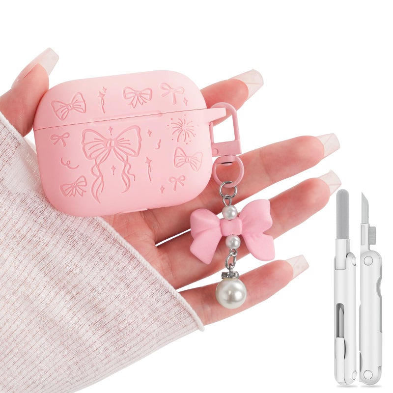 Joremx for Airpods Pro 3 Case Cover, Joremx Cute Bow Engraved Silicone Protective Case Cover with Keychain, Cleaner Kit for Airpods Pro 3rd Generation (2025) (Sakura Pink) - Image 1