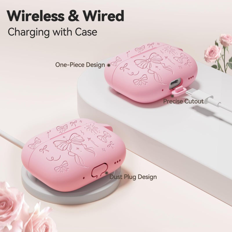 Joremx for Airpods Pro 3 Case Cover, Joremx Cute Bow Engraved Silicone Protective Case Cover with Keychain, Cleaner Kit for Airpods Pro 3rd Generation (2025) (Sakura Pink) - Image 3