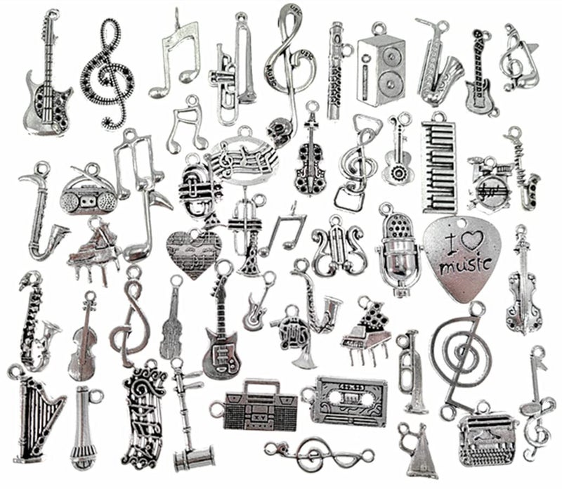 Kinteshun Music Elements Charm Alloy Multistyle Musical Instrument Notes Symbols Pendant Connector for DIY Jewelry Making Accessaries(50pcs,Antique Silver Tone) - Image 1