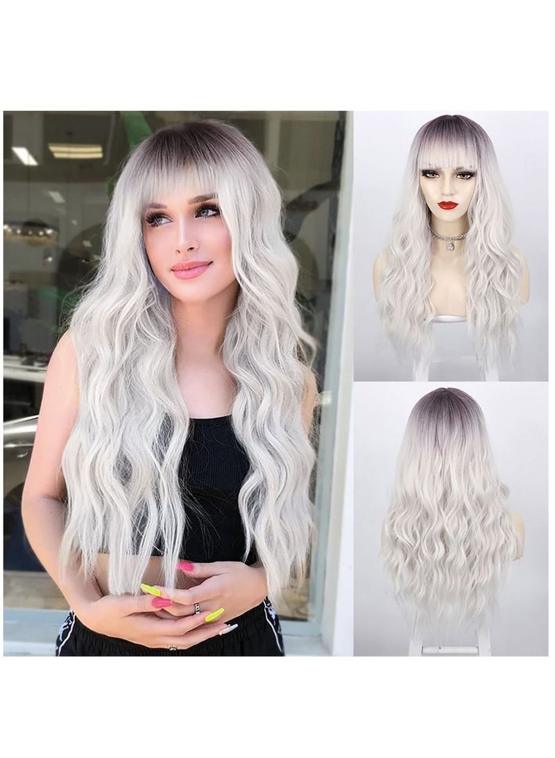 Estelle European and American Long Curly Hair Bangs Female Fiber Wave Full Head Cover Wig Gradient Grey - Image 3