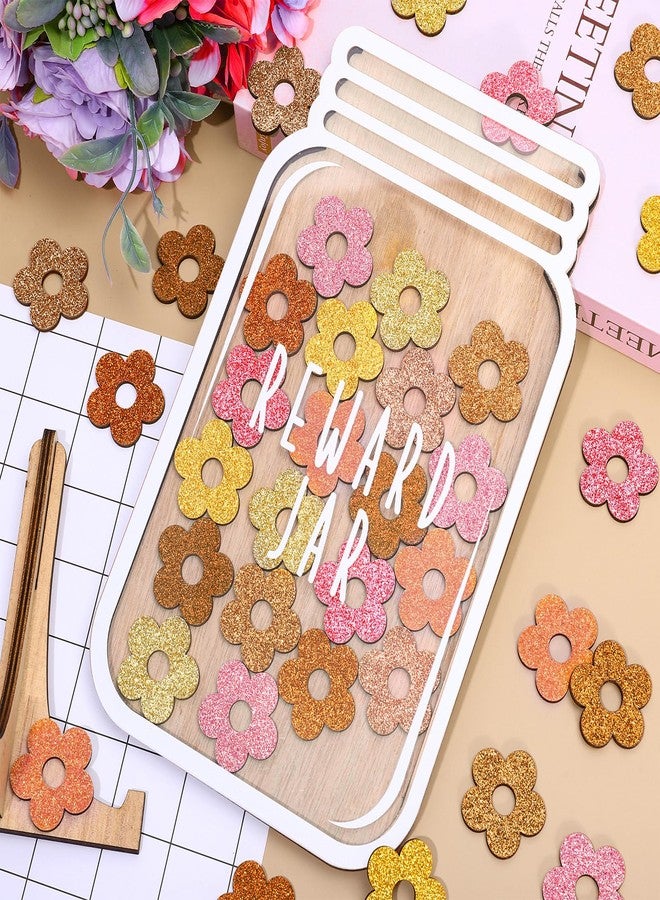 FYSUIMU Wooden Reward Jar for Kids Glitter Boho Daisy Flower Cutouts Positive Incentive Behavior Chart with Base Management Tools Decoration Reward System for Back to School Classroom Supplies, 39 Pcs - Image 5
