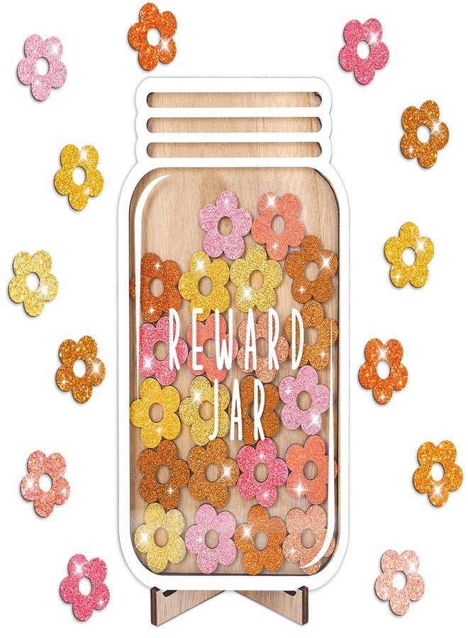 FYSUIMU Wooden Reward Jar for Kids Glitter Boho Daisy Flower Cutouts Positive Incentive Behavior Chart with Base Management Tools Decoration Reward System for Back to School Classroom Supplies, 39 Pcs - Image 1
