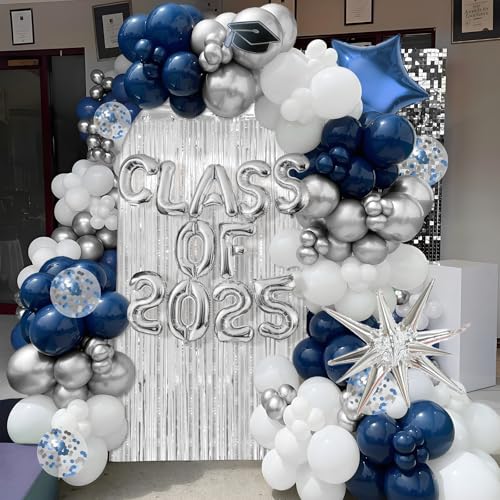 Janinus Graduation Balloon Garland Arch Kit Different Sizes 5 12 18In Navy Blue White and Silver Balloons for Graduation Party Decorations with Class of 2025 Foil Balloon & 78 Inch Fringe Curtains Backdrop - Image 5