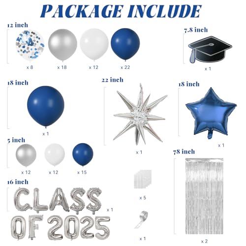 Janinus Graduation Balloon Garland Arch Kit Different Sizes 5 12 18In Navy Blue White and Silver Balloons for Graduation Party Decorations with Class of 2025 Foil Balloon & 78 Inch Fringe Curtains Backdrop - Image 2