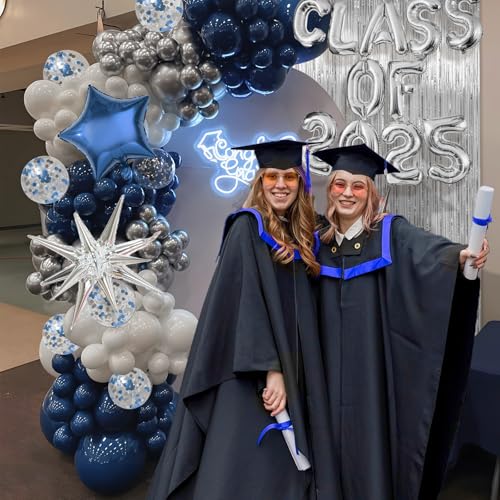 Janinus Graduation Balloon Garland Arch Kit Different Sizes 5 12 18In Navy Blue White and Silver Balloons for Graduation Party Decorations with Class of 2025 Foil Balloon & 78 Inch Fringe Curtains Backdrop - Image 3