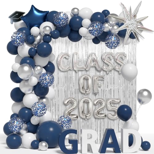 Janinus Graduation Balloon Garland Arch Kit Different Sizes 5 12 18In Navy Blue White and Silver Balloons for Graduation Party Decorations with Class of 2025 Foil Balloon & 78 Inch Fringe Curtains Backdrop - Image 1
