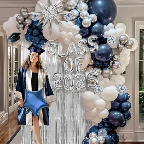 Janinus Graduation Balloon Garland Arch Kit Different Sizes 5 12 18In Navy Blue White and Silver Balloons for Graduation Party Decorations with Class of 2025 Foil Balloon & 78 Inch Fringe Curtains Backdrop - Image 4