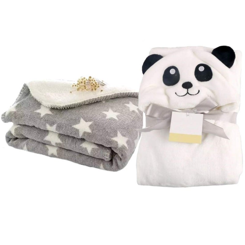 Brandonn BRANDONN All Season Fleece Supersoft Hooded and Printed Baby Blanket and Baby Bath Towel (Grey, White) - Pack of 2 - Image 1