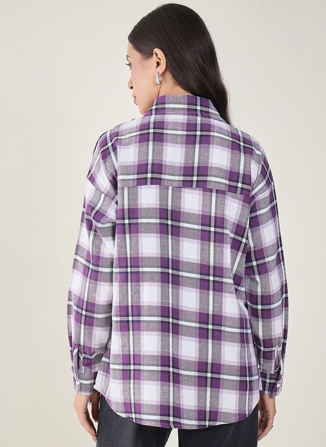 CHIMPAAANZEE Women Checked Chest Pocket Oversized Spread Collar Long Sleeve Shirt - Image 3