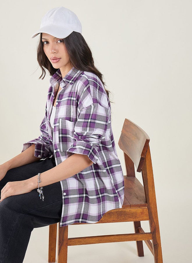 CHIMPAAANZEE Women Checked Chest Pocket Oversized Spread Collar Long Sleeve Shirt - Image 1