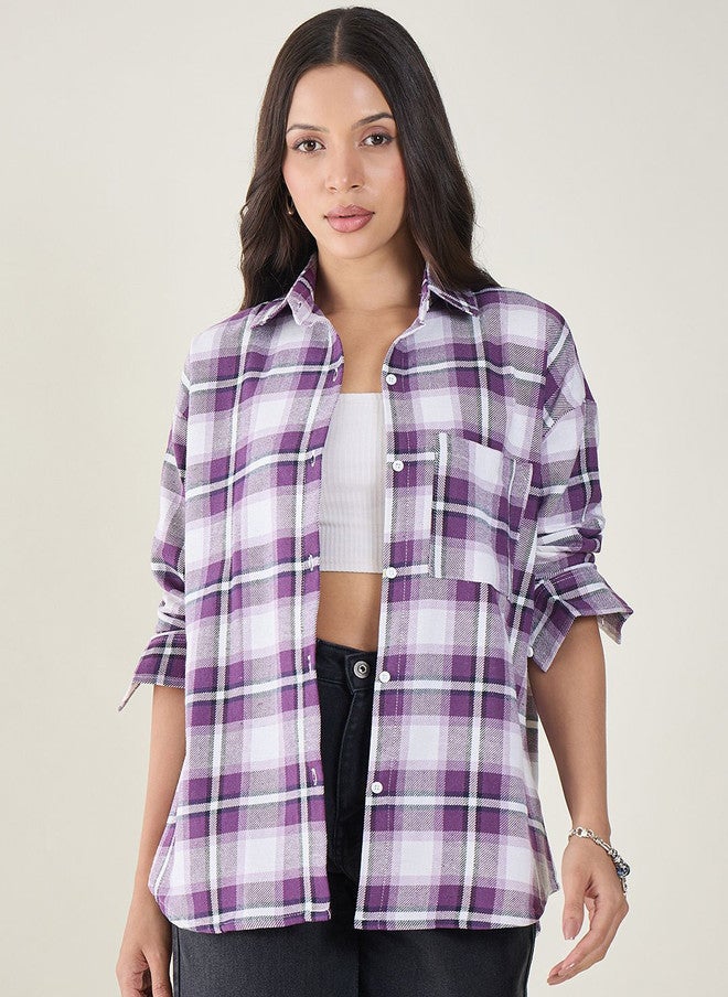 CHIMPAAANZEE Women Checked Chest Pocket Oversized Spread Collar Long Sleeve Shirt - Image 5