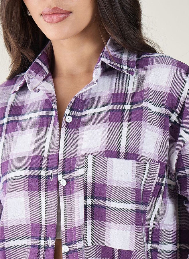 CHIMPAAANZEE Women Checked Chest Pocket Oversized Spread Collar Long Sleeve Shirt - Image 4