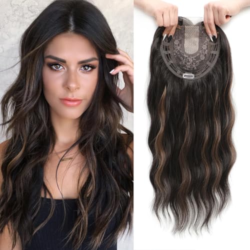 PANEWAY Wavy Curly Hair Topper 20inch Long Natural Brown With Highlights Clip In Synthetic Wiglets - Image 1