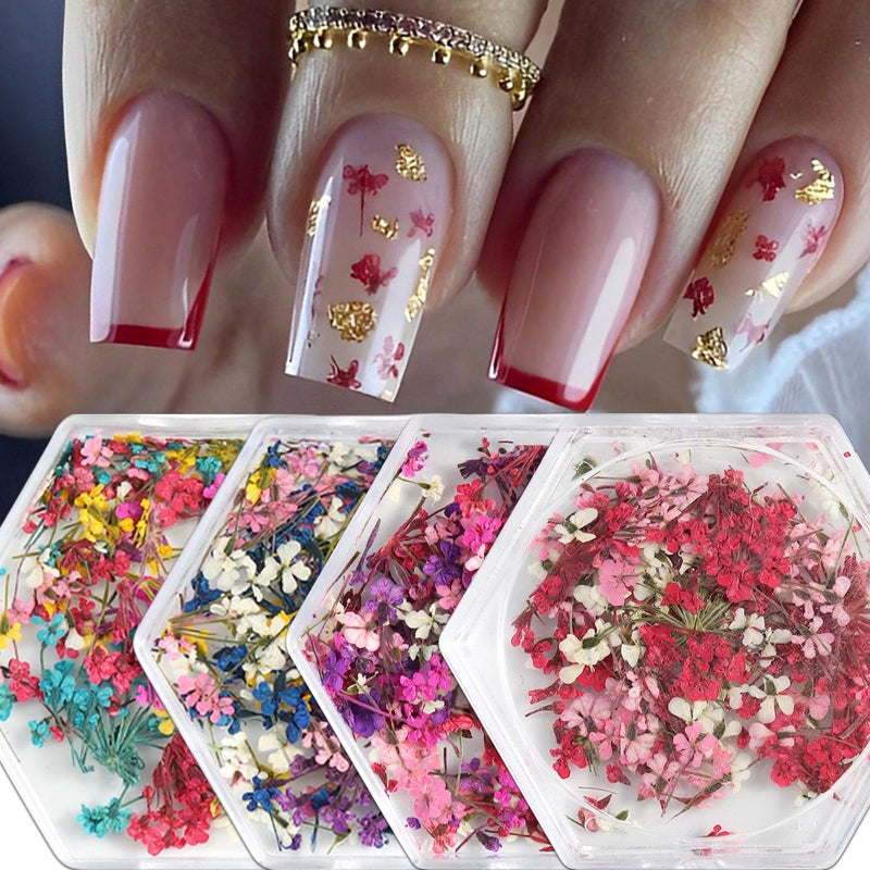SILPECWEE 4 Boxes 3D Dried Flowers Nail Art Stickers Natural Dry Flowers Nail Stickers Decals Mix Tiny Floral Petals Colorful Flower for Nails Crafts for Women DIY Manicure Decorations - Image 1