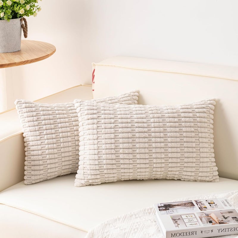 Aegero Pack of 2 Corduroy Decorative Throw Pillow Covers 12x24 Inch Soft Striped Pillow Covers Modern Farmhouse Home Decor for Sofa Living Room Couch Bed（Cream White） - Image 1