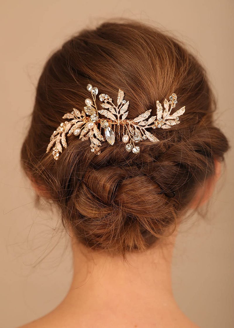 Denifery Vintage Wedding Headpiece - Gold Rhinestone Pearls Flower and Leaf Crystal Hair Comb for Women, Bridal Hair Accessories - Image 3