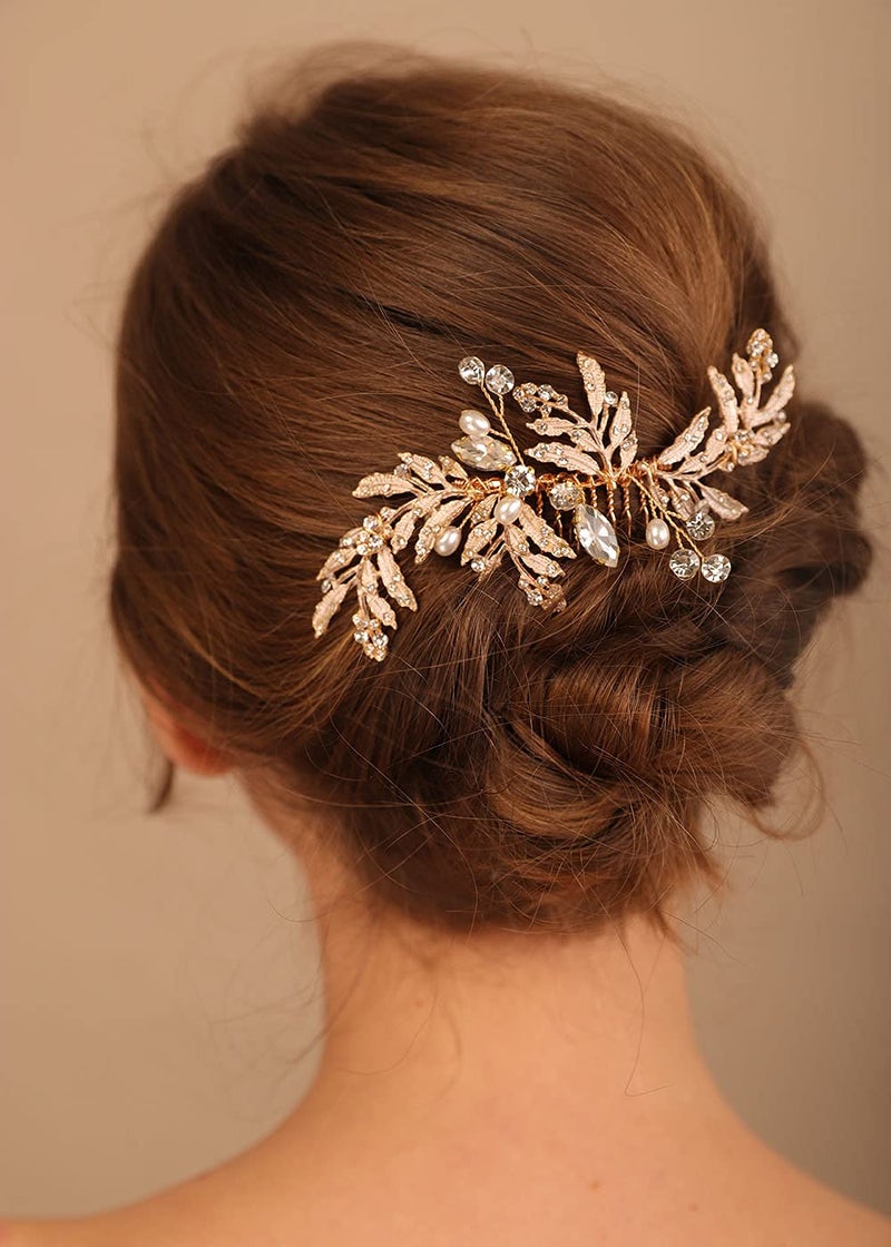 Denifery Vintage Wedding Headpiece - Gold Rhinestone Pearls Flower and Leaf Crystal Hair Comb for Women, Bridal Hair Accessories - Image 5