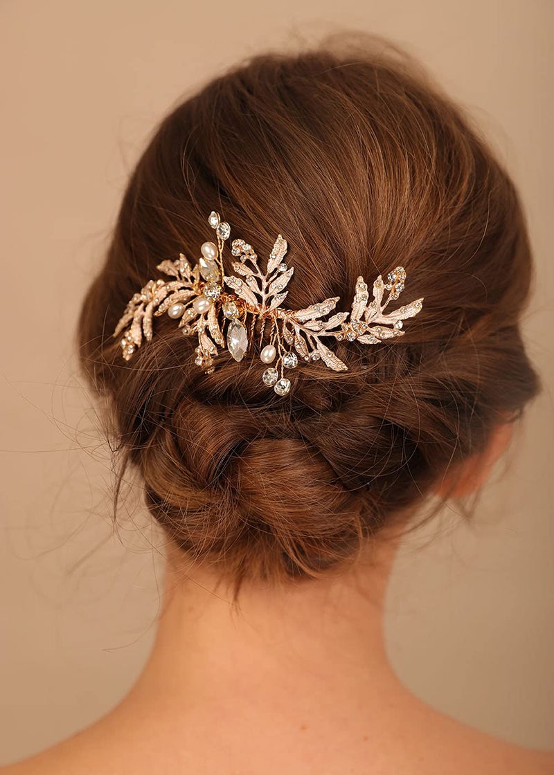 Denifery Vintage Wedding Headpiece - Gold Rhinestone Pearls Flower and Leaf Crystal Hair Comb for Women, Bridal Hair Accessories - Image 4