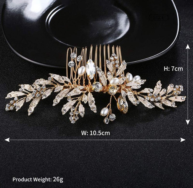 Denifery Vintage Wedding Headpiece - Gold Rhinestone Pearls Flower and Leaf Crystal Hair Comb for Women, Bridal Hair Accessories - Image 2