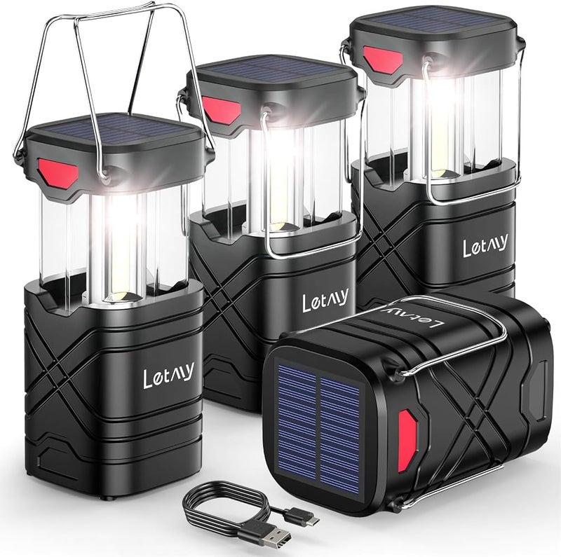 LETMY 1 حزمة من 4 مصابيح كهربائية للتخييم من LETMY، مصابيح LED قابلة لإعادة الشحن، مصابيح تعمل بالطاقة الشمسية، مصابيح قوية للعواصف، مصابيح يدوية بـ 3 طرق للتشغيل مختلفة وكابل USB للاستخدام في حالات الطوارئ أو انقطاع التيار الكهربائي أو لمستلزمات - Image 1