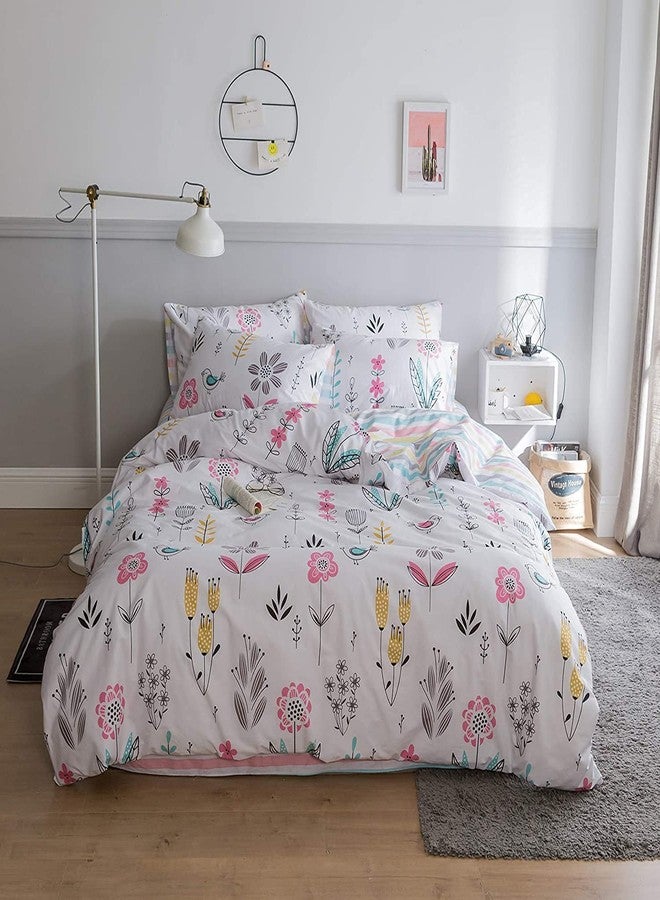 BuLuTu Floral Bird Print Pattern Girls Duvet Cover Twin White Premium Cotton Nature Blossom Colorful Reversible Kids Bedroom Comforter Cover Bedding Sets for Teen Toddler,Zipper Closure - Image 2