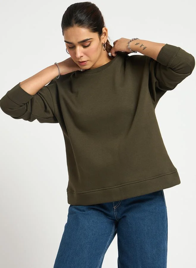 Femmella Olive Crew Neck Regular Fit Sweatshirt