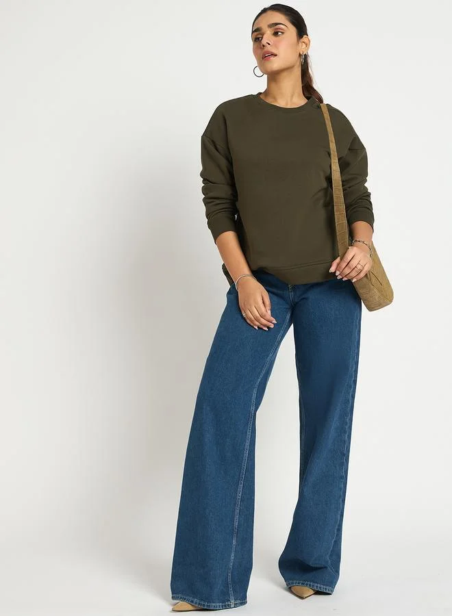 Femmella Olive Crew Neck Regular Fit Sweatshirt