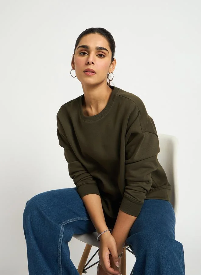 Femmella  Olive Crew Neck Regular Fit Sweatshirt for Women | Best Price UAE