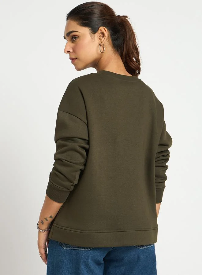 Femmella  Olive Crew Neck Regular Fit Sweatshirt for Women | Best Price UAE