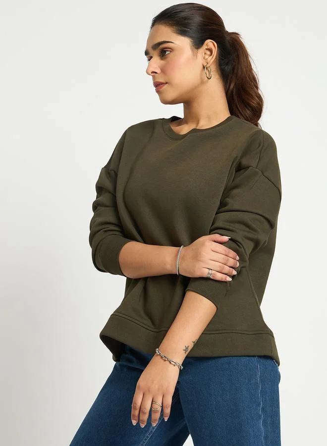Femmella  Olive Crew Neck Regular Fit Sweatshirt for Women | Best Price UAE