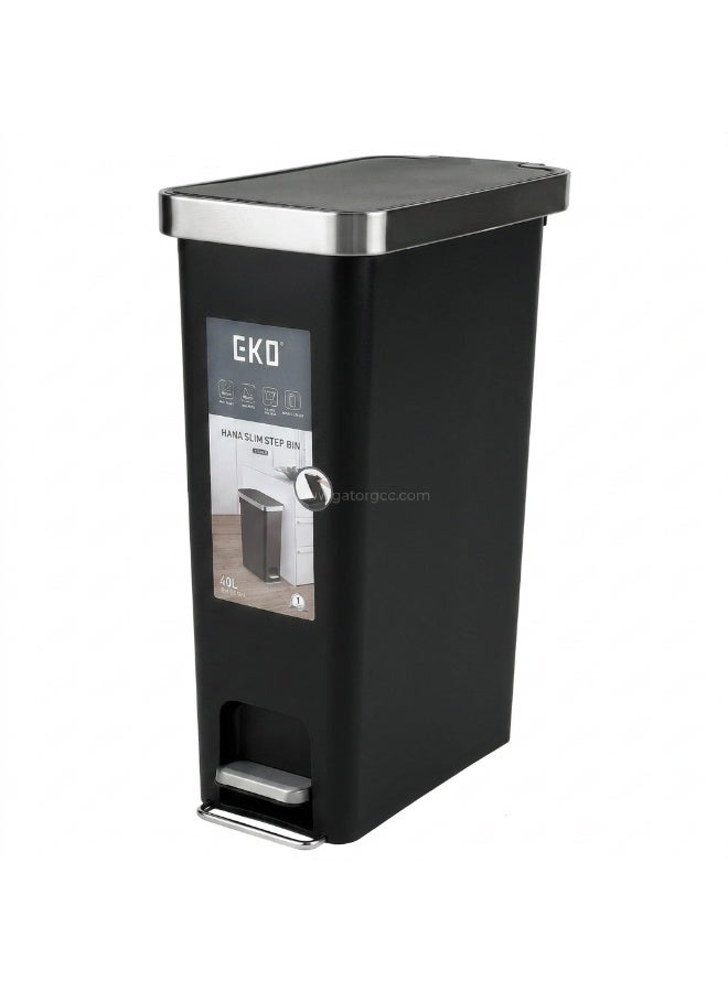EKO Hana Slim Step Bin | Hands-Free Pedal Waste Bin | Soft Close Lid | Space Saving Design | 40L | Black - Image 1