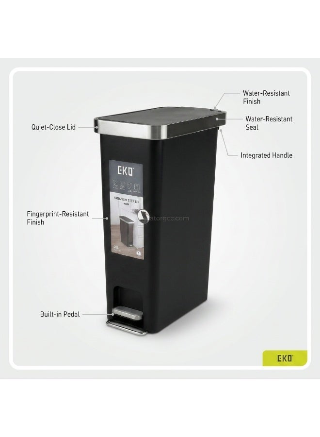 EKO Hana Slim Step Bin | Hands-Free Pedal Waste Bin | Soft Close Lid | Space Saving Design | 40L | Black - Image 2