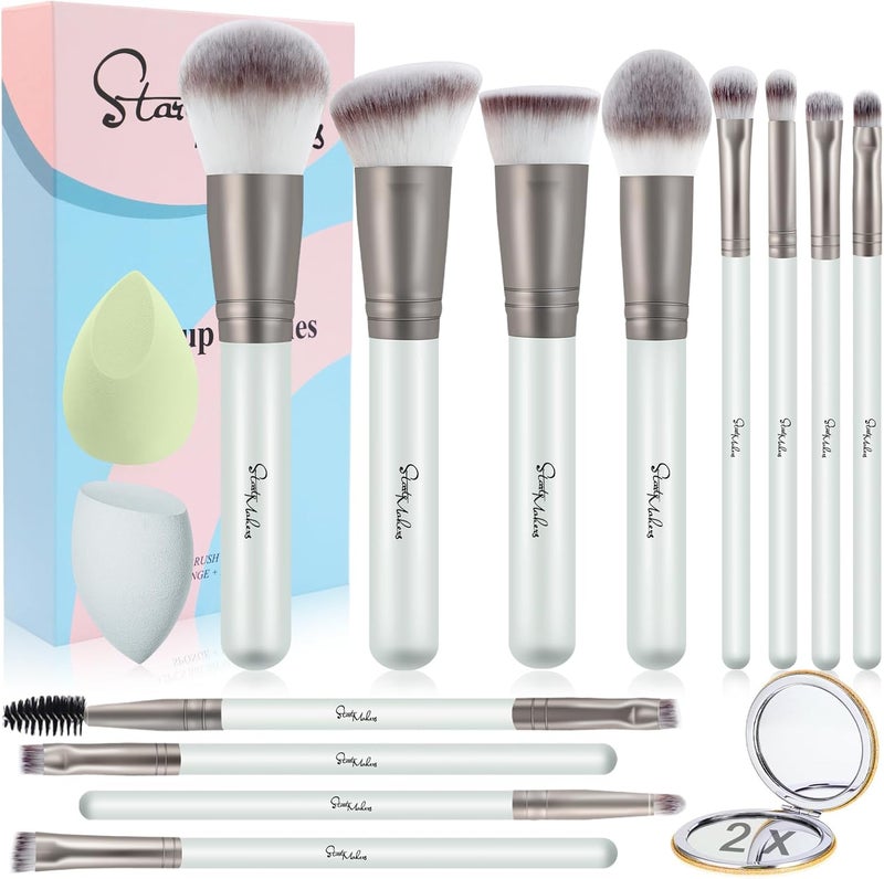 Makeup Brushes 15Pcs Makeup Kit Start Makers Premium Synthetic Kabuki Foundation Powder Concealer Eyeshadow Blush Brushes Make up Brushes Set with 2pcs Blender Sponges Mirror Grey