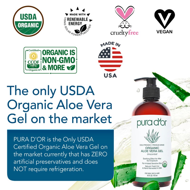 Pura d'or PURA D'OR 16 Oz ORGANIC Aloe Vera Gel - Unscented - All Natural - ZERO Artificial Preservatives - Deeply Hydrating & Moisturizing - Sunburn, Bug Bites, Rashes, Small Cuts, Eczema Relief - Skin & Hair - Image 2