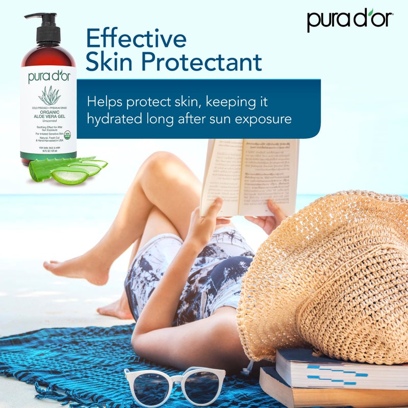 Pura d'or PURA D'OR 16 Oz ORGANIC Aloe Vera Gel - Unscented - All Natural - ZERO Artificial Preservatives - Deeply Hydrating & Moisturizing - Sunburn, Bug Bites, Rashes, Small Cuts, Eczema Relief - Skin & Hair - Image 4